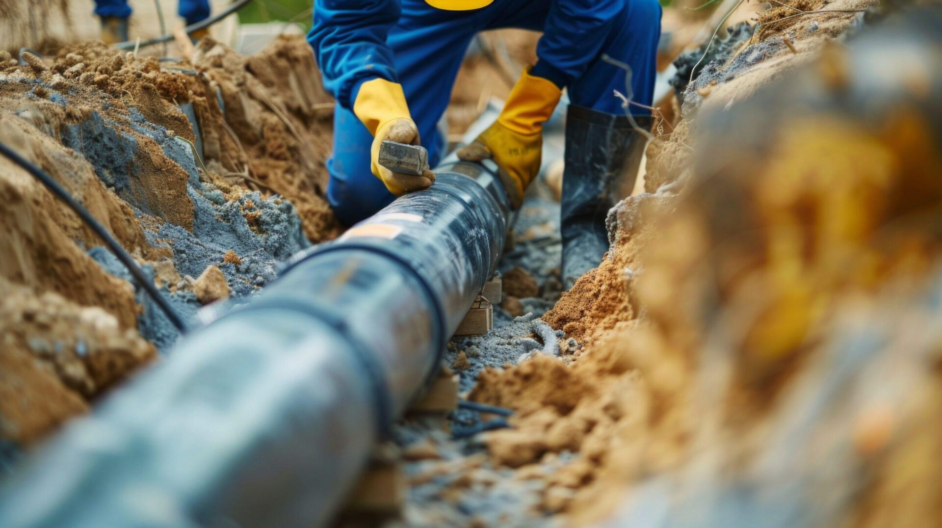 Worker connecting an underground pipe during repair work