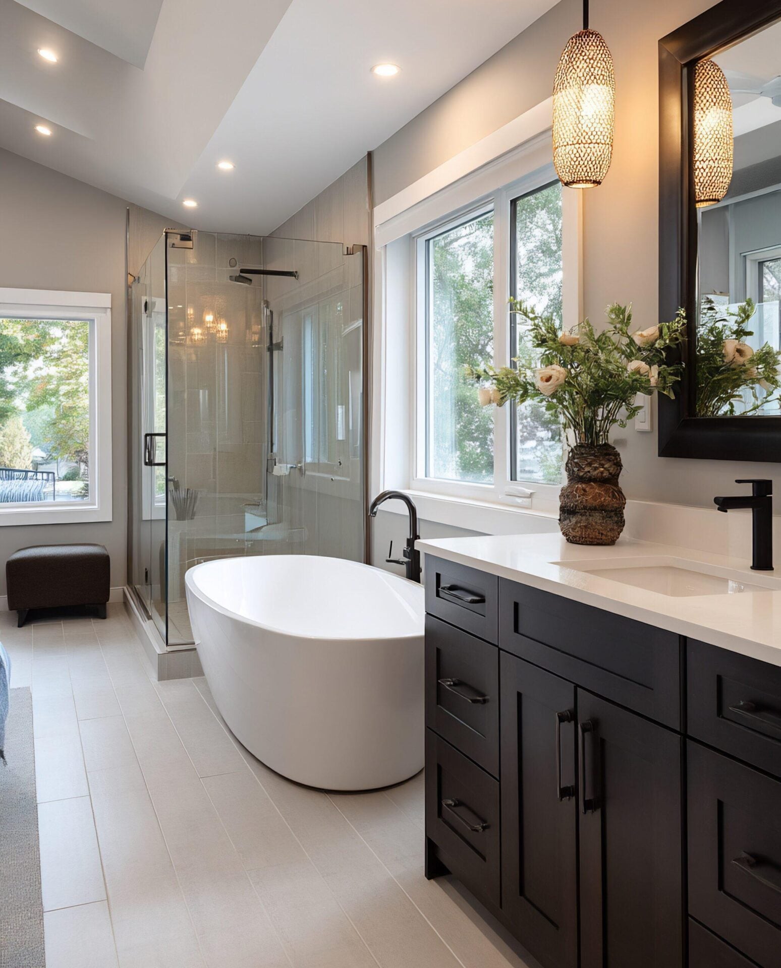 Finished bathroom with tile flooring and a freestanding tub